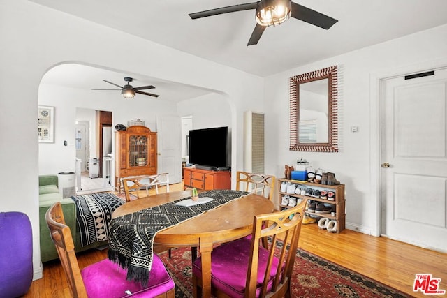 dining space featuring wood-type flooring and ceiling fan