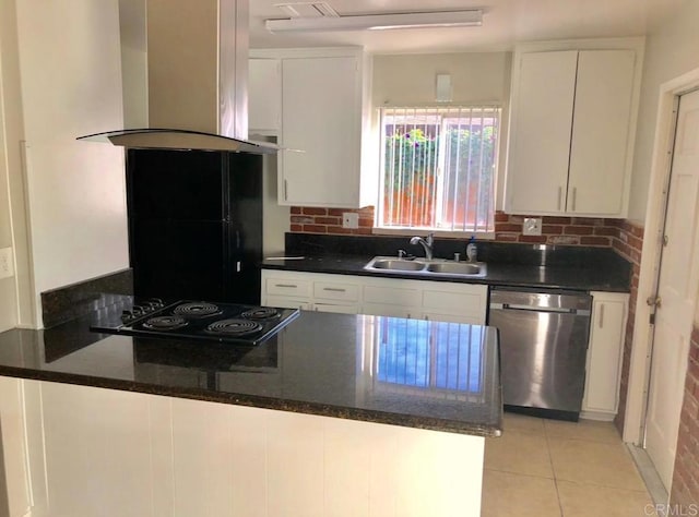 kitchen with sink, dishwasher, white cabinets, island exhaust hood, and black cooktop