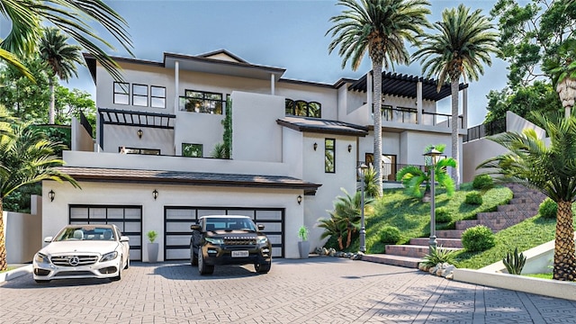 view of front of home featuring a pergola and a garage