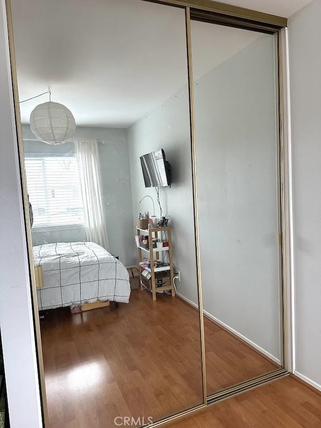 unfurnished bedroom with wood-type flooring and a closet