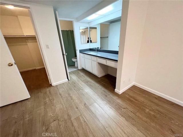 bathroom featuring vanity, toilet, and hardwood / wood-style floors