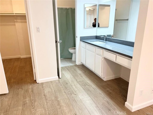 bathroom with wood-type flooring, vanity, and toilet