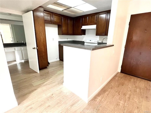 kitchen featuring stove, light hardwood / wood-style flooring, dark brown cabinetry, and kitchen peninsula