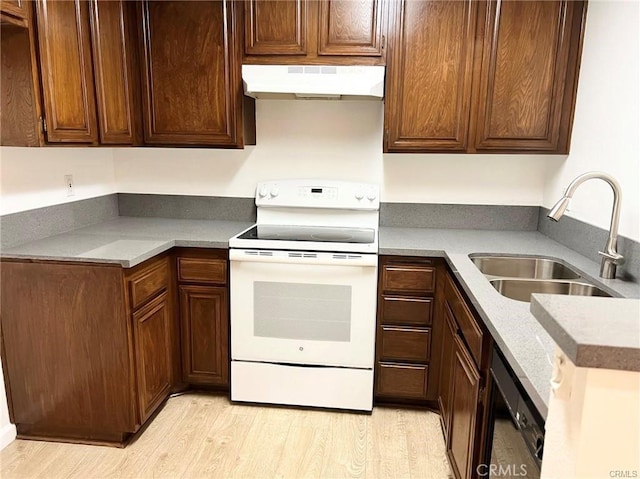 kitchen with black dishwasher, sink, light wood-type flooring, and electric stove