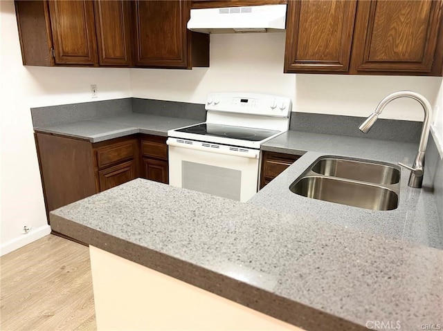 kitchen featuring sink, white electric range, and light wood-type flooring