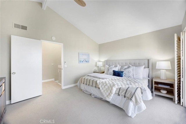 bedroom with baseboards, visible vents, carpet, high vaulted ceiling, and beam ceiling