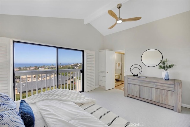 bedroom featuring access to exterior, high vaulted ceiling, beamed ceiling, and light colored carpet