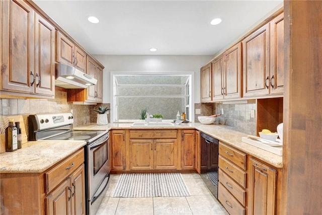 kitchen featuring black dishwasher, electric range, light tile patterned flooring, a sink, and under cabinet range hood