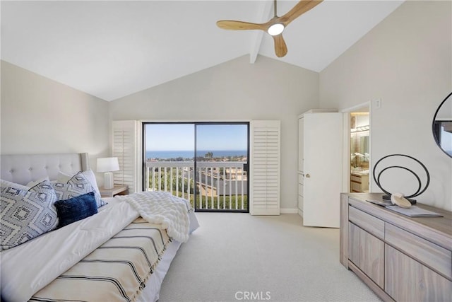 bedroom featuring lofted ceiling with beams, ceiling fan, light colored carpet, and access to exterior