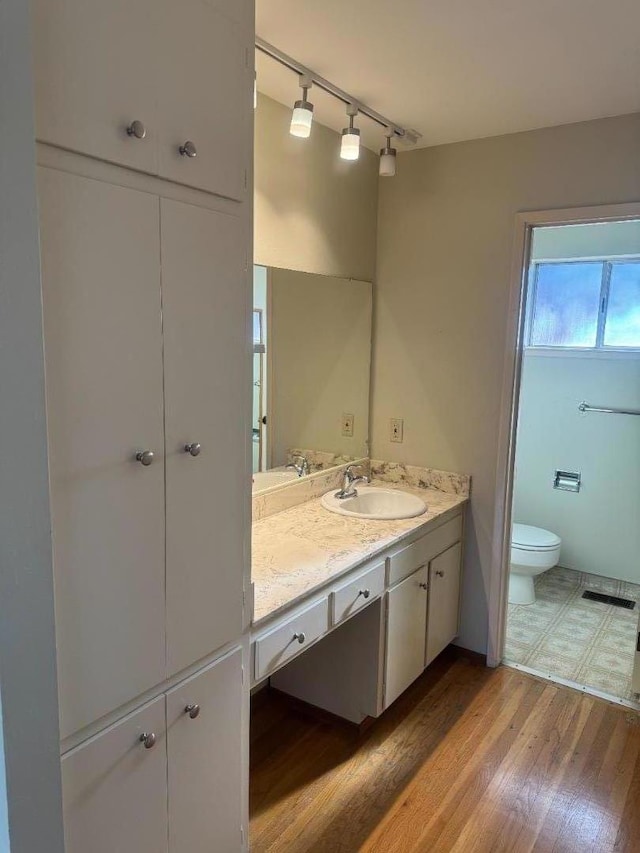 bathroom with vanity, hardwood / wood-style floors, and toilet