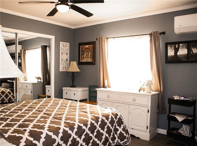 bedroom featuring dark wood-type flooring, ornamental molding, a wall mounted AC, and ceiling fan