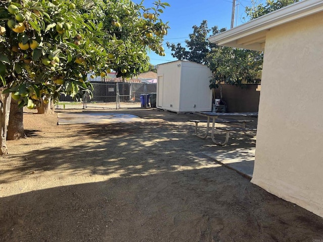 view of yard featuring a storage shed