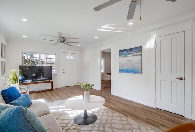 living room with crown molding, ceiling fan, and light hardwood / wood-style flooring