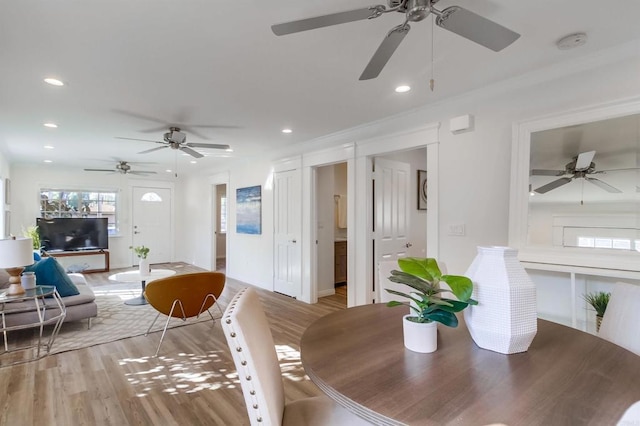 dining room with ceiling fan and light hardwood / wood-style flooring