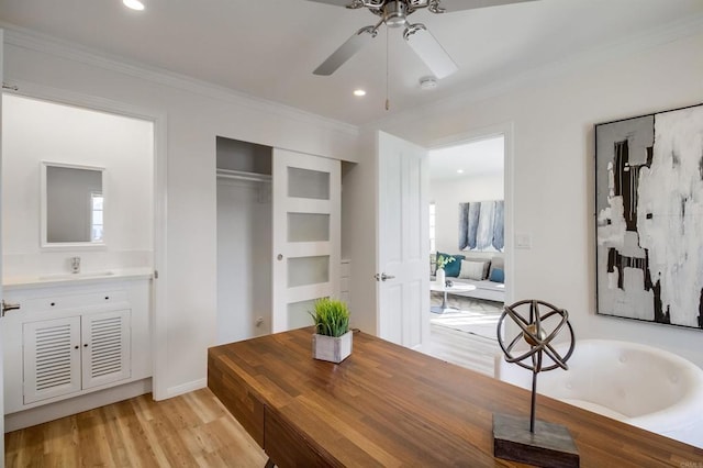 interior space featuring ceiling fan, ornamental molding, sink, and light wood-type flooring