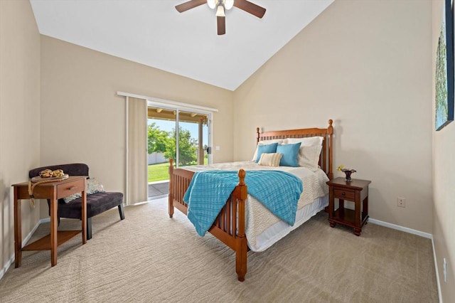 bedroom with lofted ceiling, light carpet, access to outside, and ceiling fan