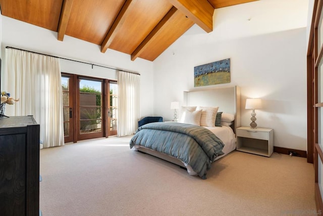 carpeted bedroom featuring wood ceiling, access to exterior, beam ceiling, and high vaulted ceiling