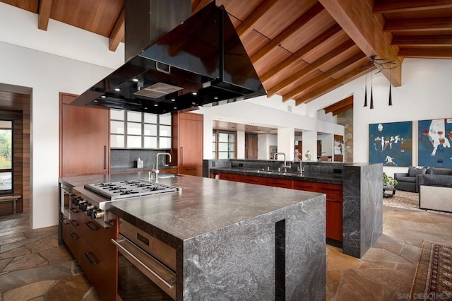 kitchen featuring sink, island exhaust hood, a kitchen island with sink, stainless steel appliances, and beam ceiling