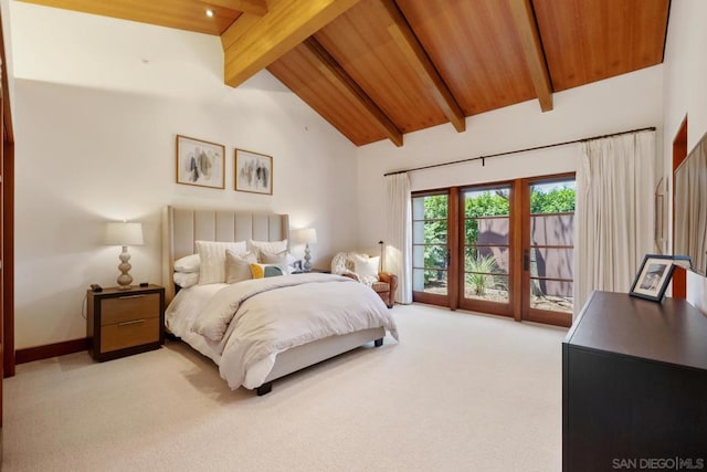 carpeted bedroom featuring wood ceiling, beam ceiling, high vaulted ceiling, and access to exterior