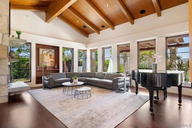 living room with wood-type flooring, high vaulted ceiling, wooden ceiling, and beam ceiling