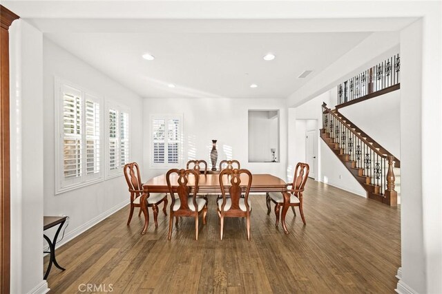 2598 E Temblor Ranch Dr, Brea, CA 92821 - dining area with stairs, wood finished floors, recessed lighting, and baseboards