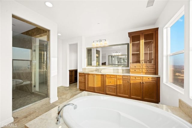 2598 E Temblor Ranch Dr, Brea, CA 92821 - full bathroom featuring a garden tub, a shower stall, vanity, recessed lighting, and baseboards
