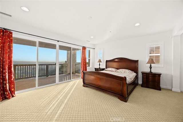 2598 E Temblor Ranch Dr, Brea, CA 92821 - bedroom featuring access to exterior, carpet flooring, baseboards, recessed lighting, and a water view