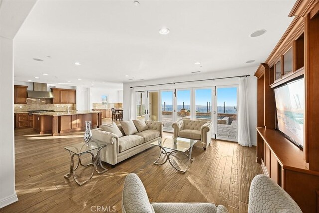 living room with dark wood-type flooring