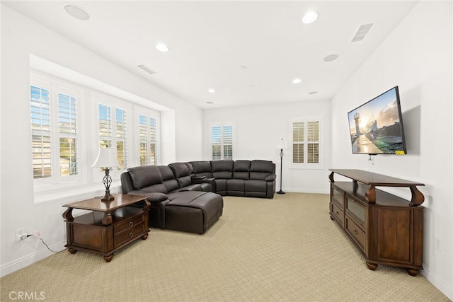2598 E Temblor Ranch Dr, Brea, CA 92821 - living room featuring light carpet, baseboards, and recessed lighting