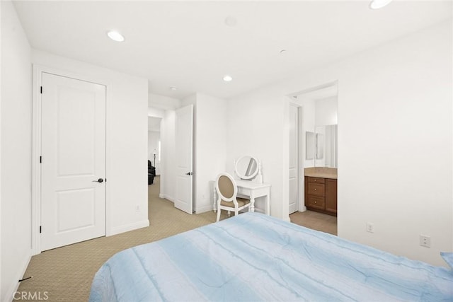 2598 E Temblor Ranch Dr, Brea, CA 92821 - bedroom featuring light carpet, recessed lighting, baseboards, and ensuite bath