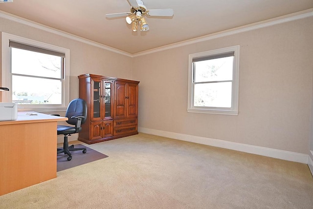 office area featuring light carpet, ornamental molding, and ceiling fan