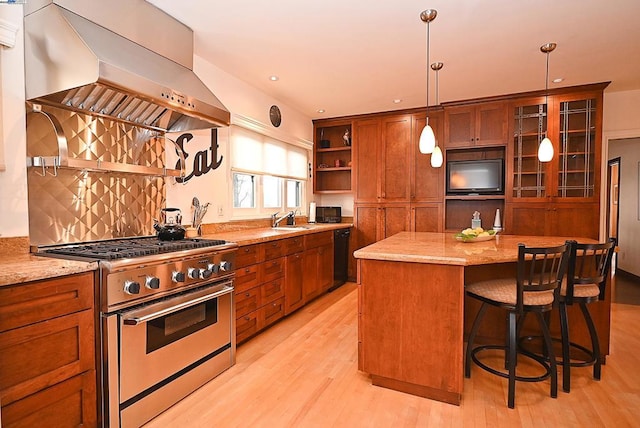 kitchen with stainless steel stove, sink, island exhaust hood, a center island, and light hardwood / wood-style flooring