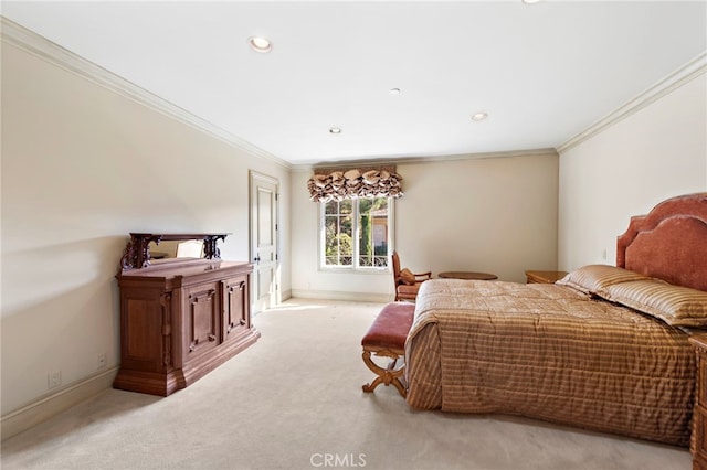 bedroom featuring light colored carpet and ornamental molding