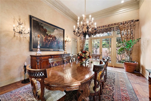 dining area featuring an inviting chandelier, parquet floors, and french doors