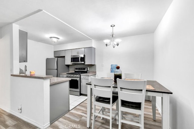 kitchen featuring gray cabinets, an inviting chandelier, backsplash, stainless steel appliances, and kitchen peninsula