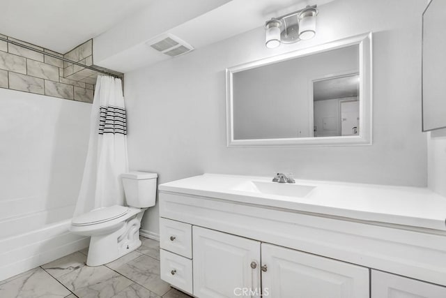 full bathroom with vanity, toilet, and shower / bath combo with shower curtain