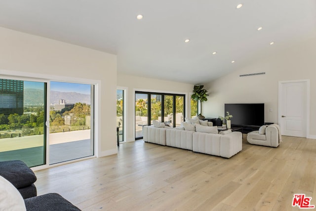 living room with a towering ceiling and light hardwood / wood-style flooring