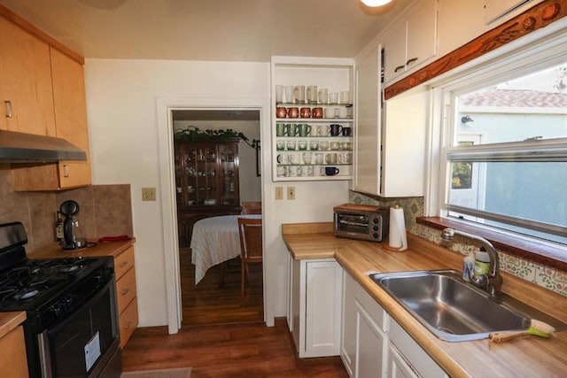 kitchen with stainless steel gas stove, sink, and white cabinets