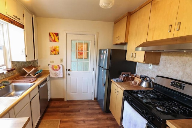 kitchen featuring dark wood-type flooring, stainless steel appliances, sink, and backsplash