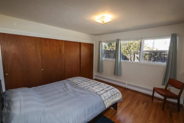 bedroom featuring wood-type flooring and a closet