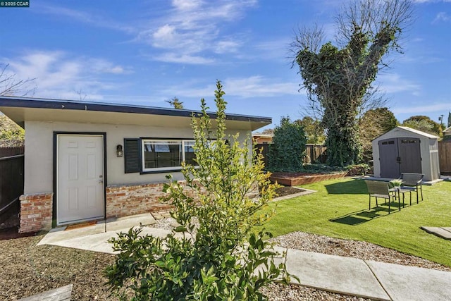 exterior space with a storage shed