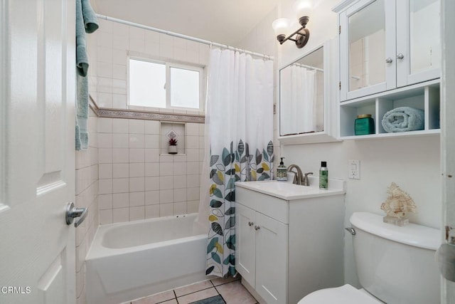 full bath with vanity, shower / bath combination with curtain, toilet, and tile patterned floors