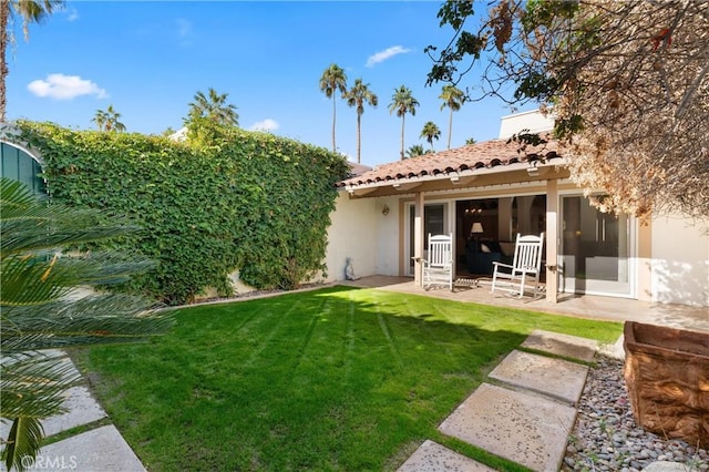 back of property with a patio and a yard