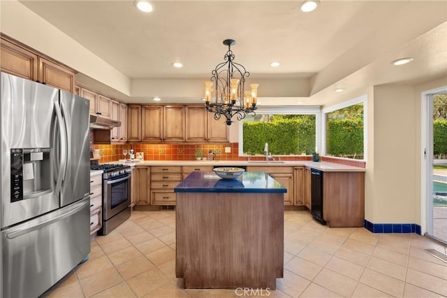 kitchen with sink, appliances with stainless steel finishes, hanging light fixtures, a center island, and tasteful backsplash