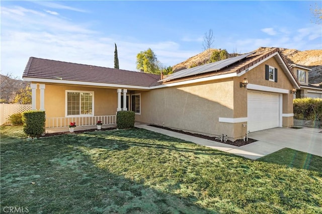 30431 Sunrose Pl, Canyon Country, CA 91387 - ranch-style home with a porch, solar panels, a garage, stucco siding, and driveway