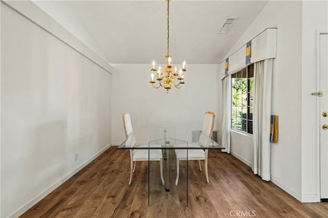 dining space with dark wood-style floors, vaulted ceiling, visible vents, and baseboards