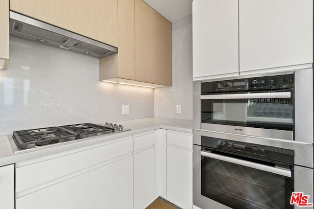 kitchen featuring stainless steel appliances, premium range hood, and white cabinets