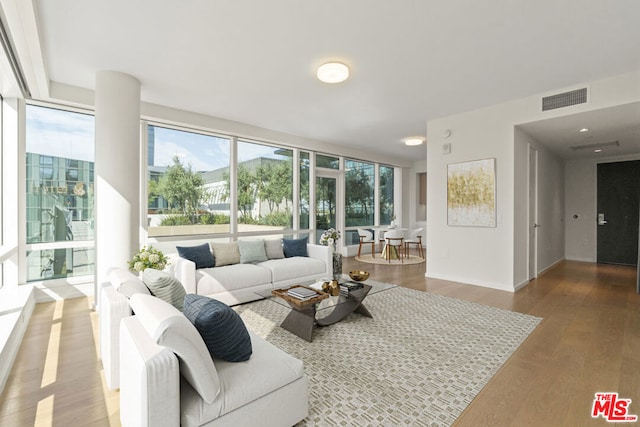 living room with hardwood / wood-style flooring and floor to ceiling windows