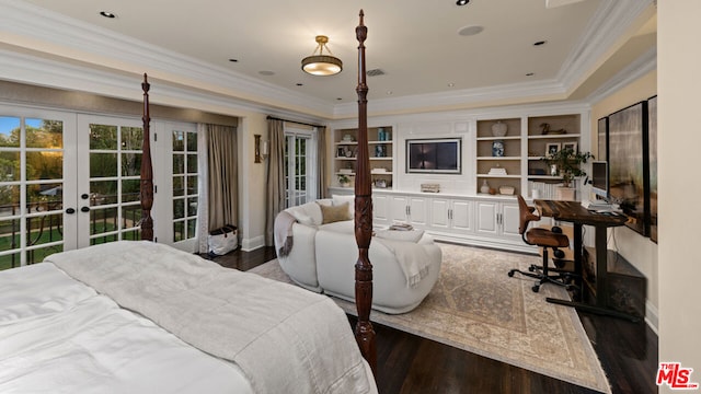 bedroom featuring ornamental molding, dark hardwood / wood-style floors, access to exterior, and french doors