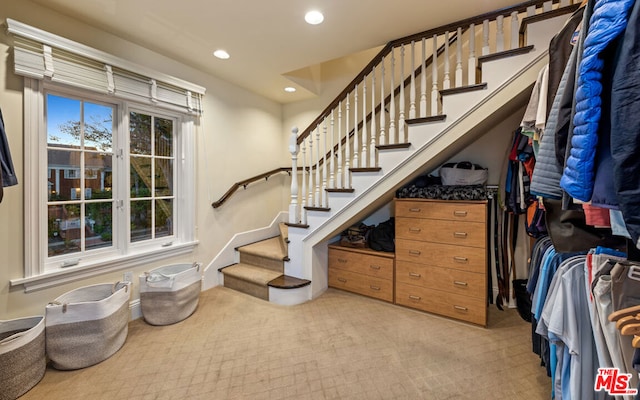 stairway with carpet flooring